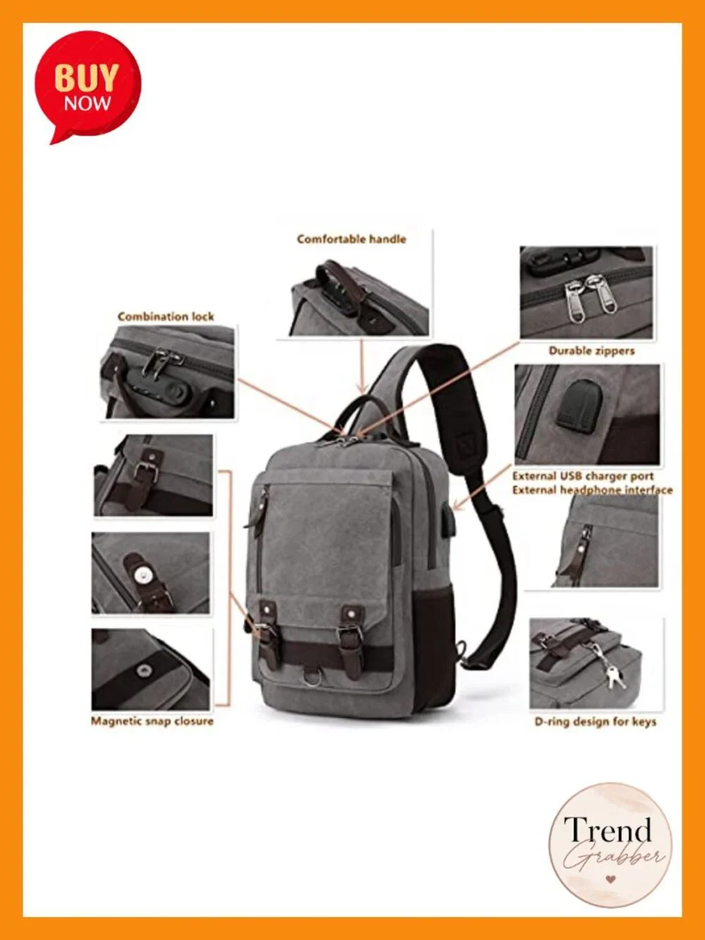 Retro Canvas Crossbody Sling Bag with Laptop Compartment, USB Port, Anti-Theft